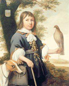 Garçon avec un faucon et un lévrier